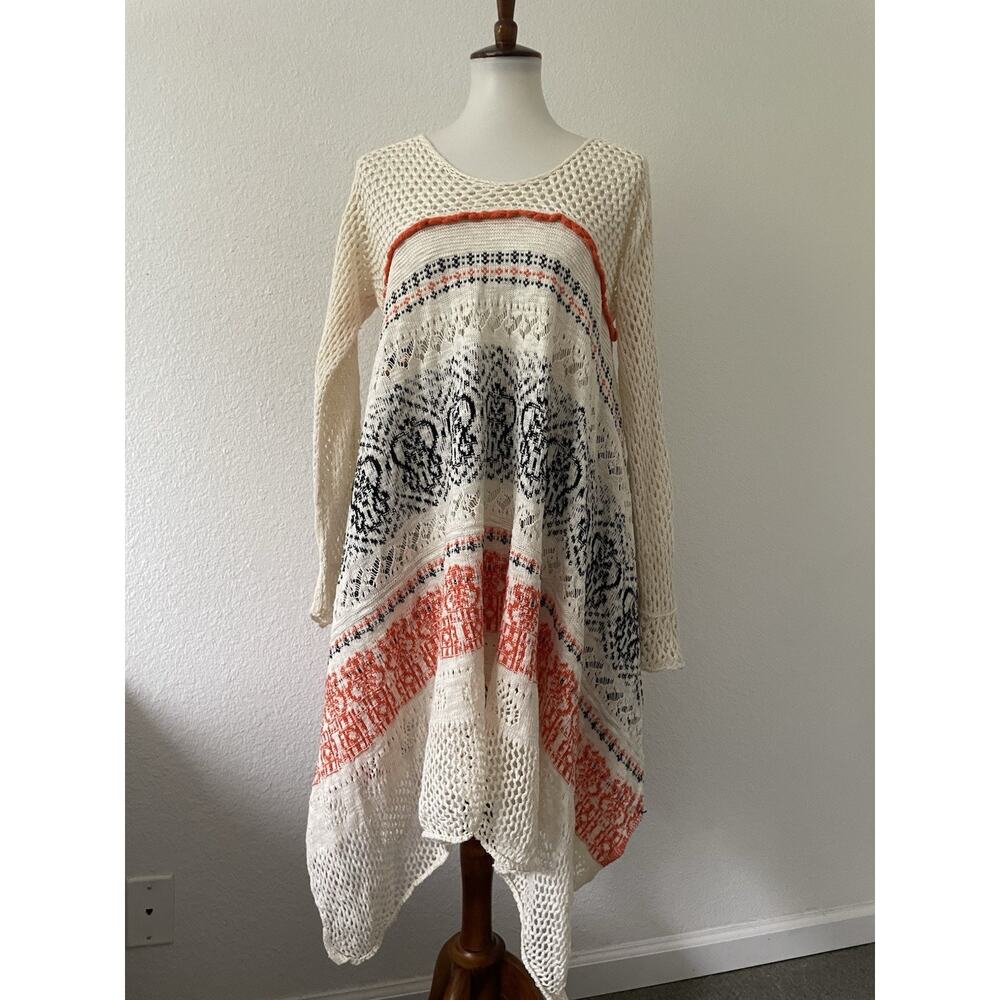 Anthropologie Crochet Mini Dress in Cream with Coral & Black Stripes
